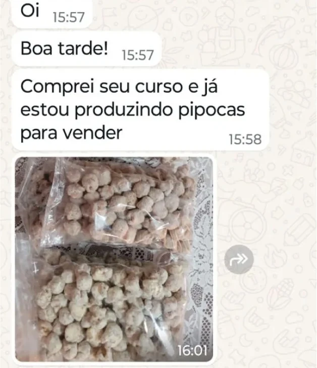 Print de aluna mostrando a primeira produção de pipocas pronta para vender